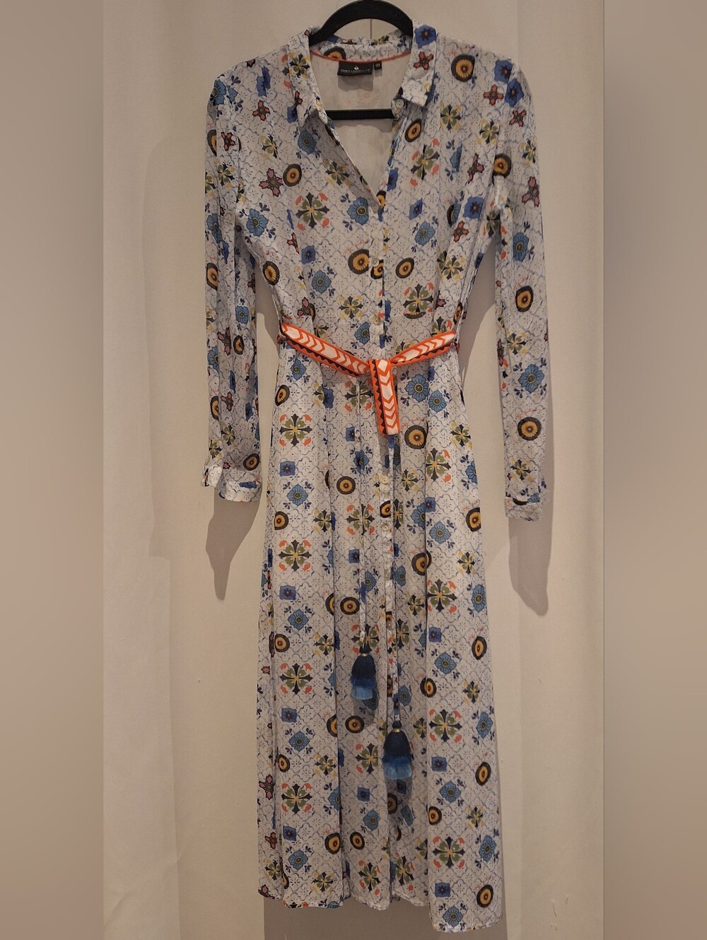 Emily Lovelock Georgette White Floral Medallion Button-Front Midi Dress